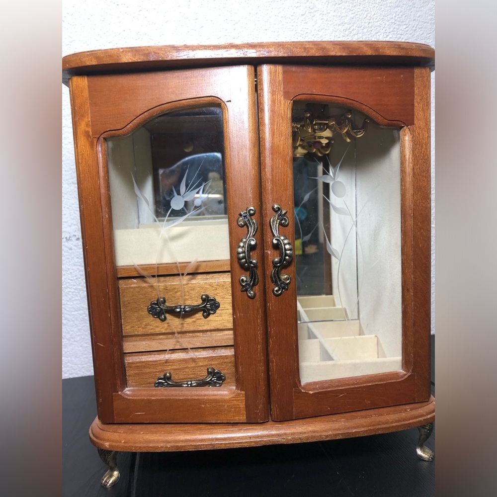 Wooden Jewelry Armoire Cabinet in Brown Classic Storage Organizer with box music
